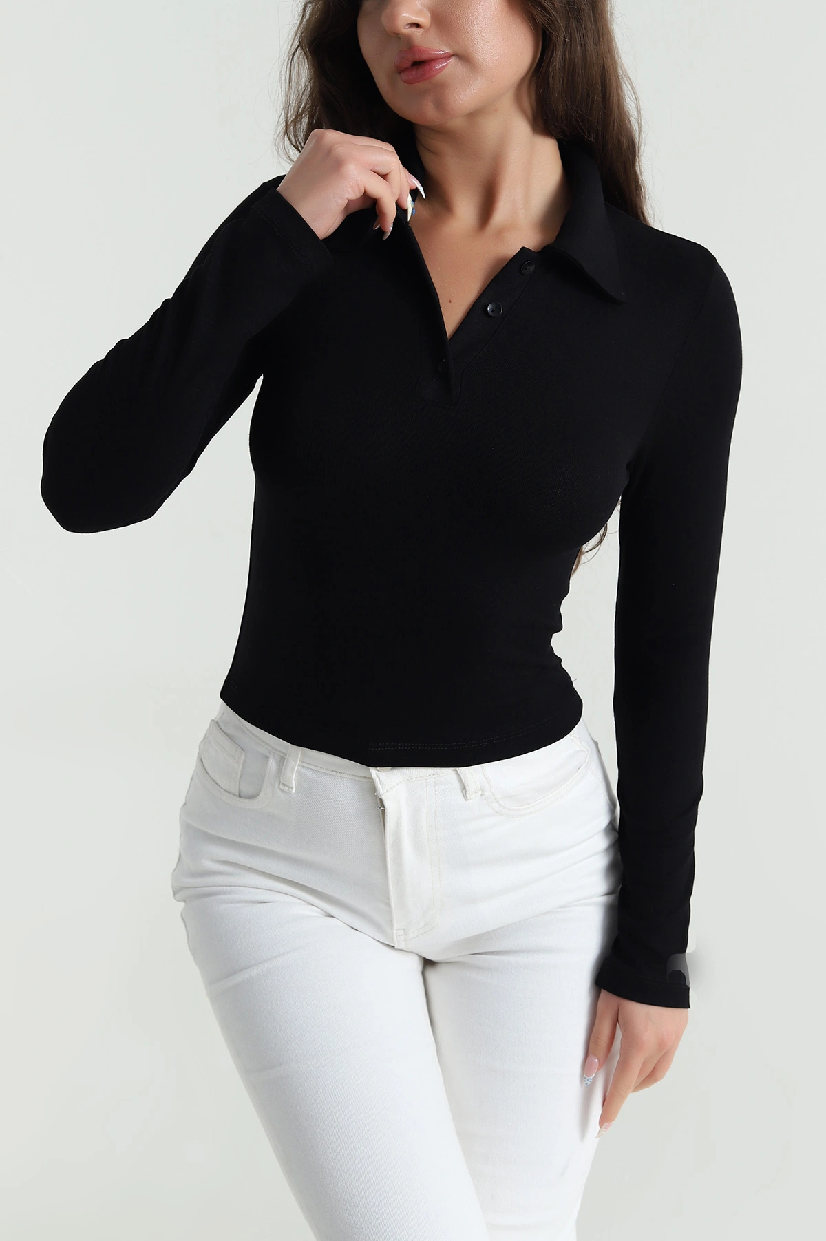 Siyah Likralı Polo Yaka Kadın Bluz 483154