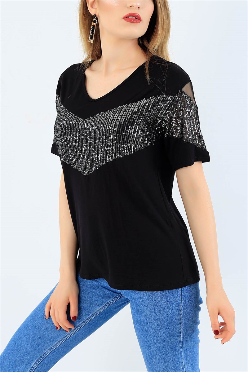 Siyah Likralı Pul Payet Bluz 35903