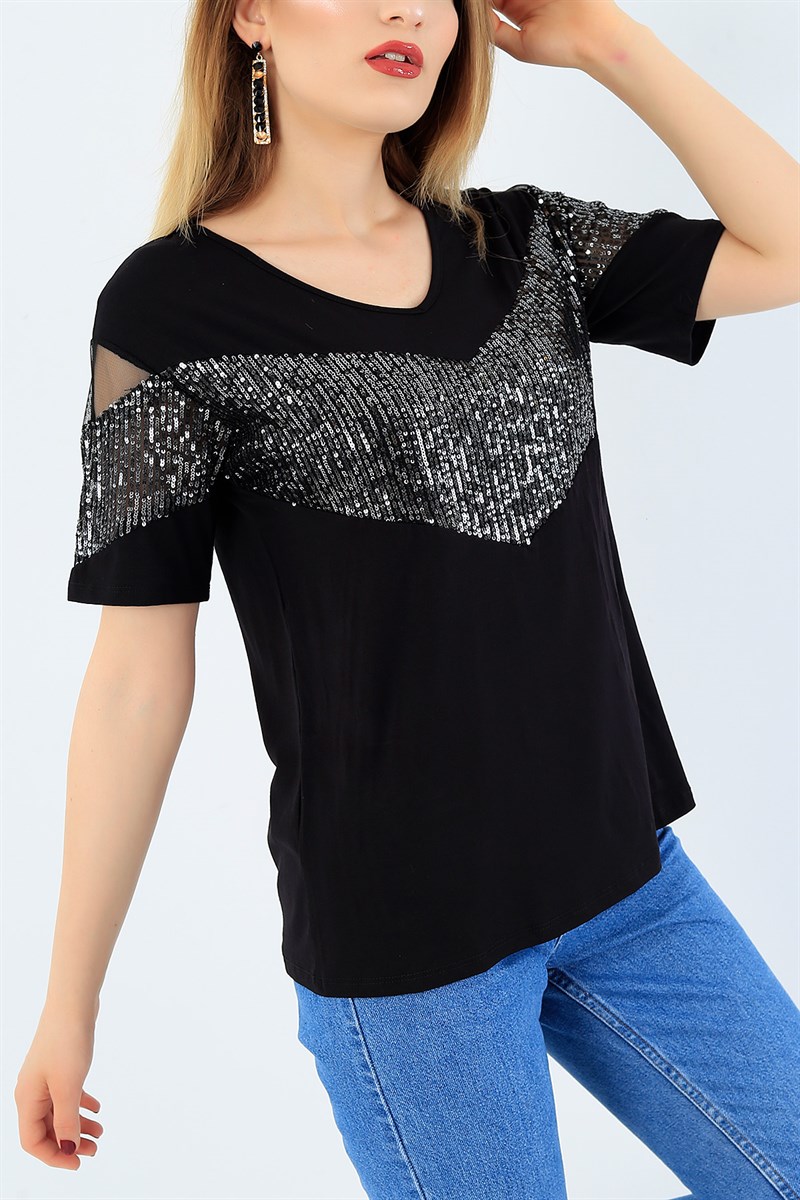Siyah Likralı Pul Payet Bluz 35903