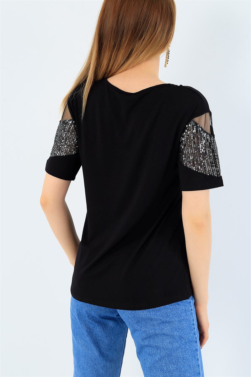 Siyah Likralı Pul Payet Bluz 35903