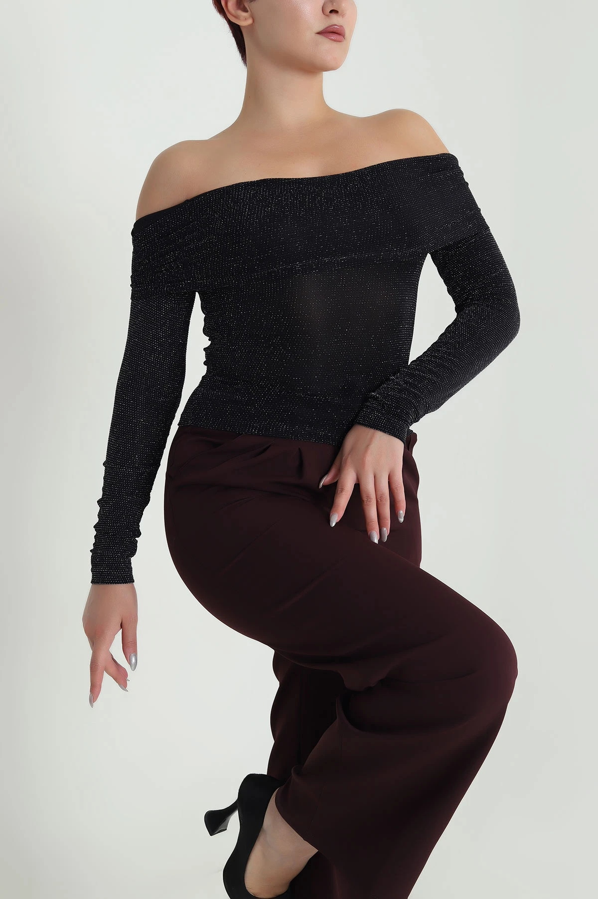 Siyah Likralı Simli Kadın Bluz 482780