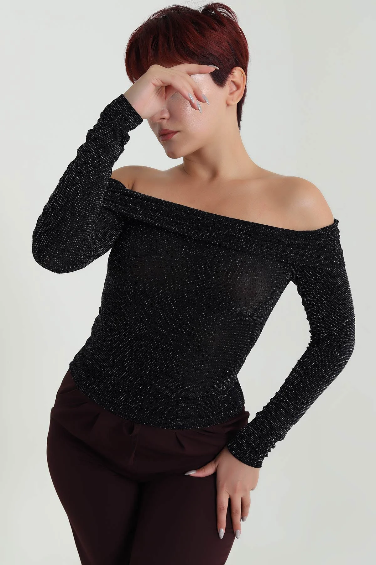 Siyah Likralı Simli Kadın Bluz 482780