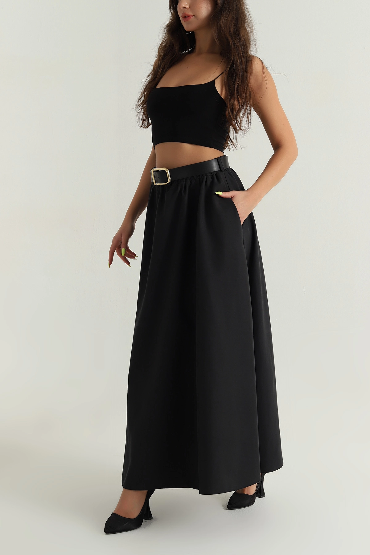 Siyah Liza Soft Kemerli Kadın Etek 393112