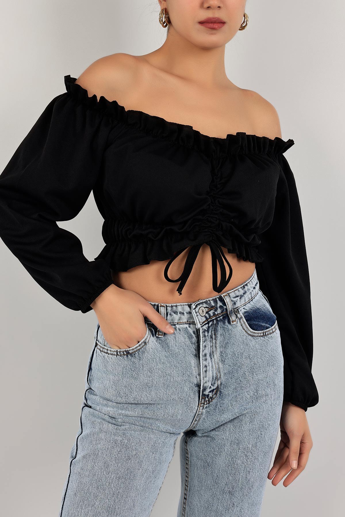 Siyah Madonna Yaka Büzgülü Bluz 142888