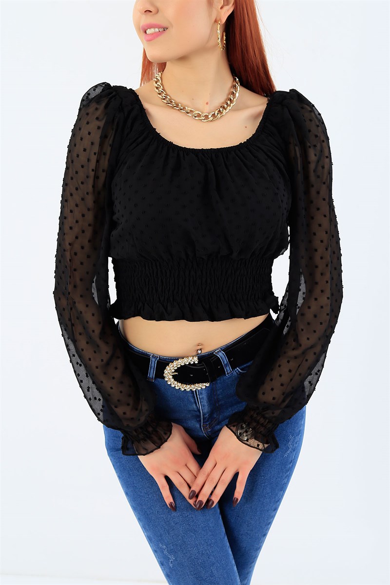 Siyah Madonna Yaka Kabartma Tasarım Bluz 27295B