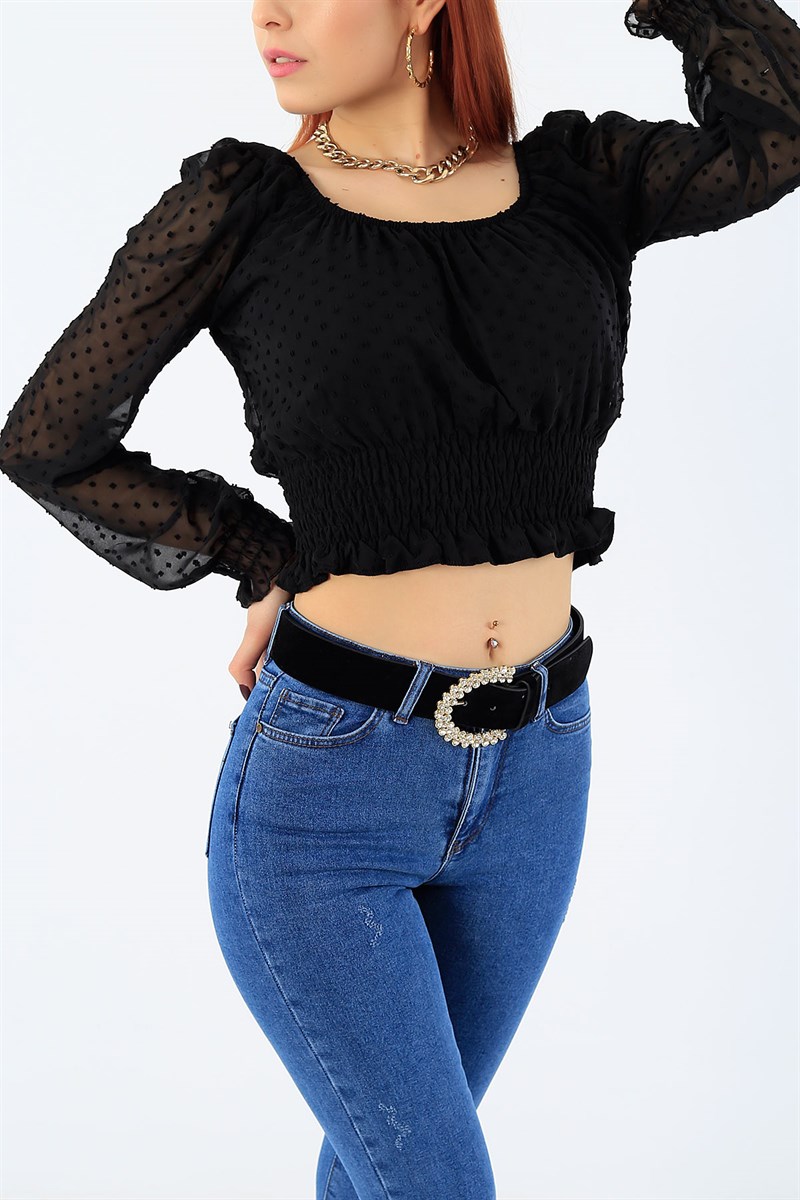Siyah Madonna Yaka Kabartma Tasarım Bluz 27295B