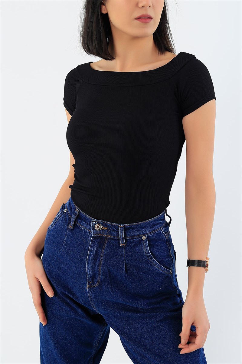 Siyah Madonna Yaka Likralı Bluz 28925B