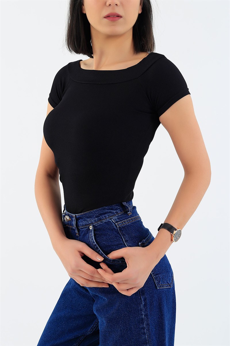 Siyah Madonna Yaka Likralı Bluz 28925B