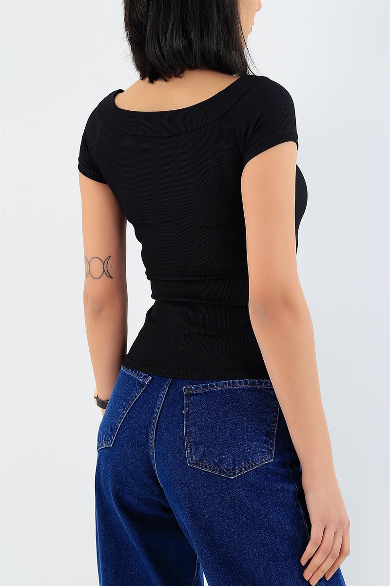 Siyah Madonna Yaka Likralı Bluz 28925B