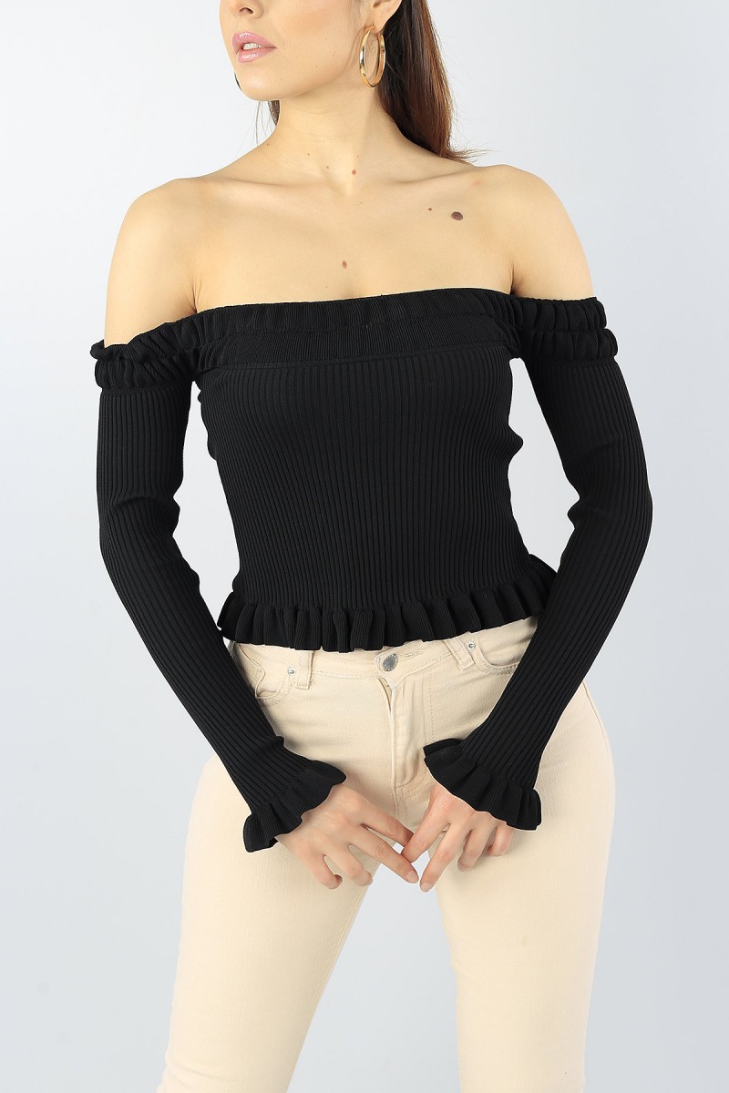 Siyah Madonna Yaka Likralı Crop Triko 53713