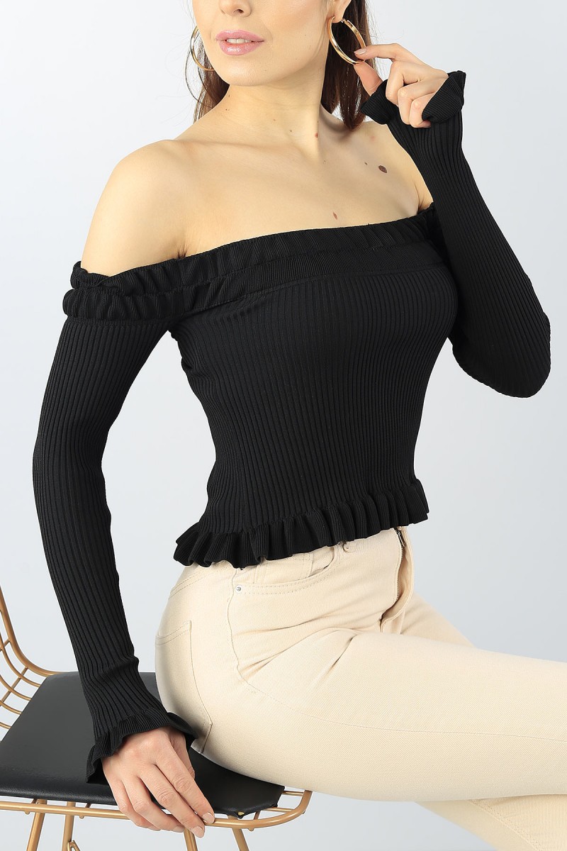 Siyah Madonna Yaka Likralı Crop Triko 53713