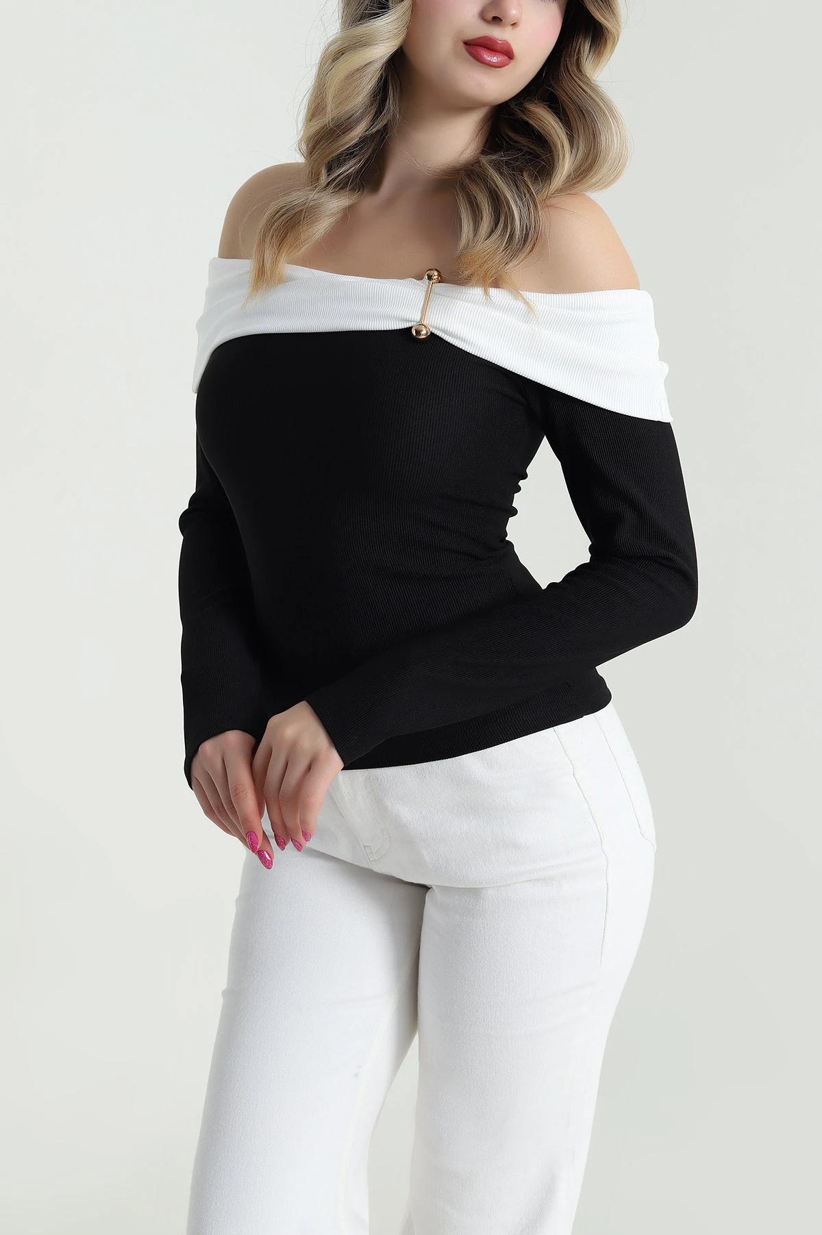 Siyah Madonna Yaka Ottoman Kadın Bluz 482890