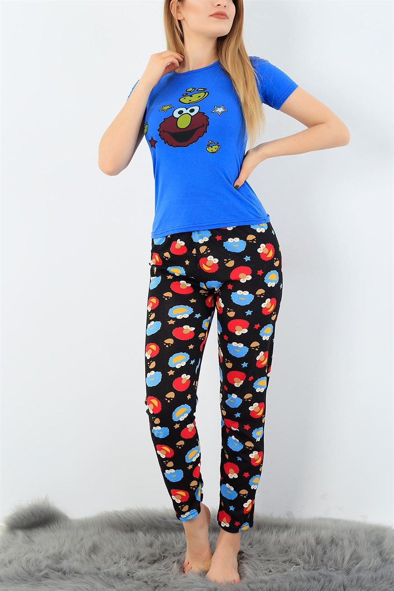 Siyah Mavi Baskılı Bayan Pijama Takımı 33399