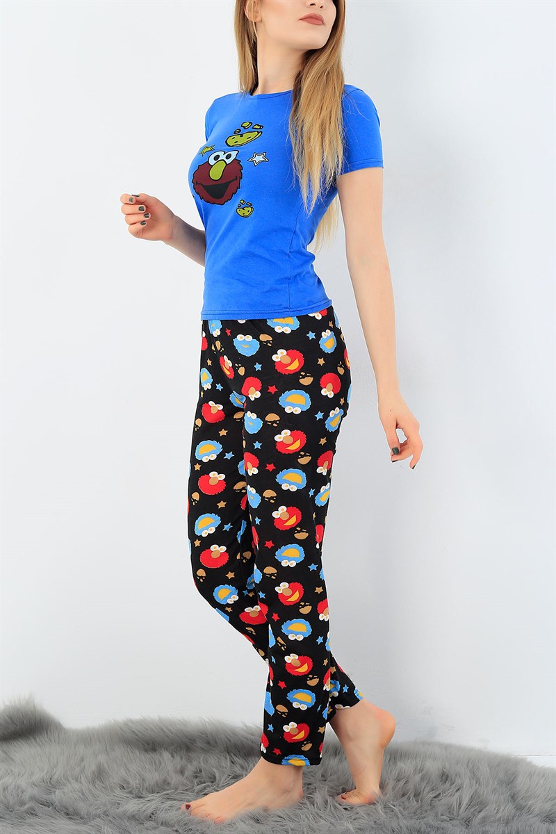 Siyah Mavi Baskılı Bayan Pijama Takımı 33399