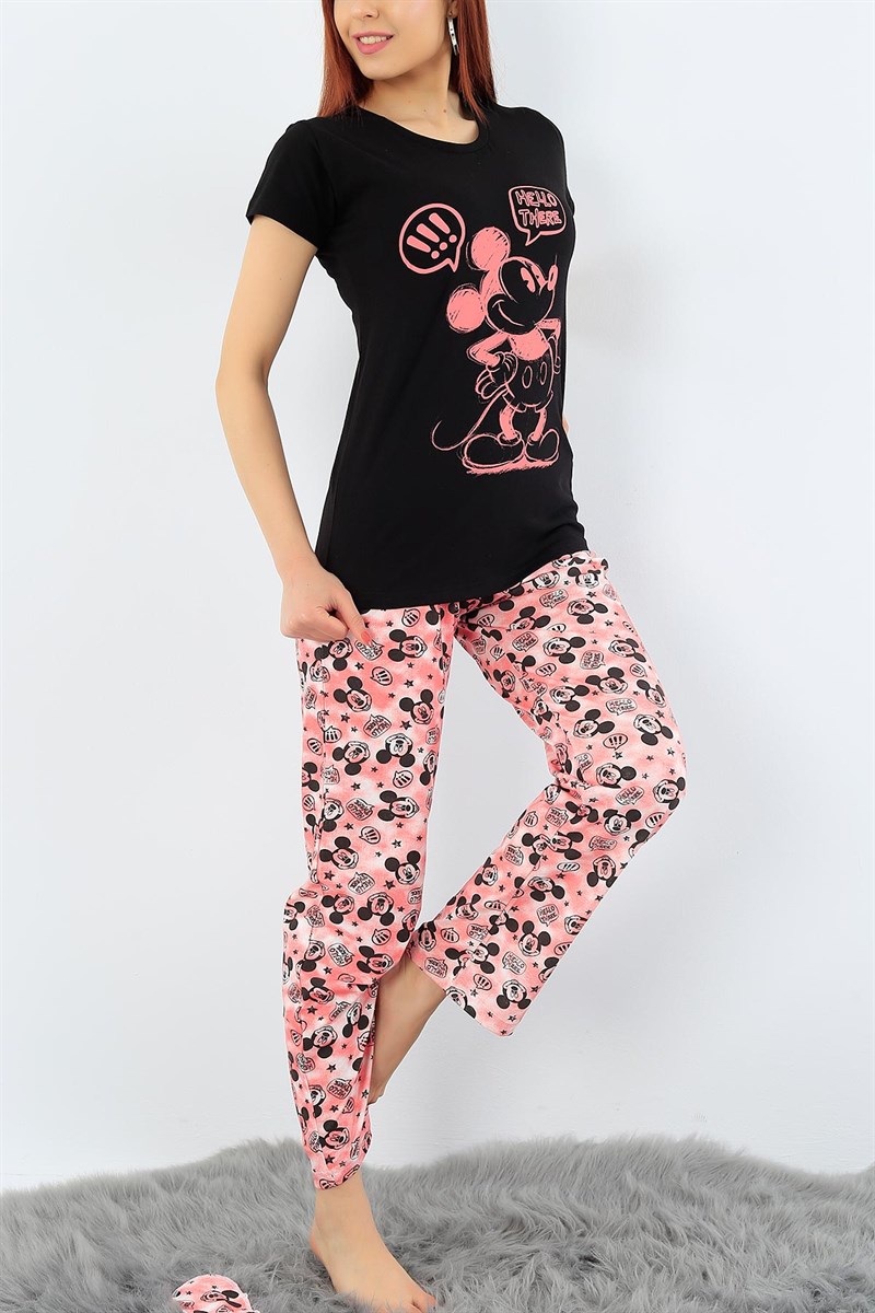 Siyah Mickey Baskılı Bayan Pijama Takımı 31387