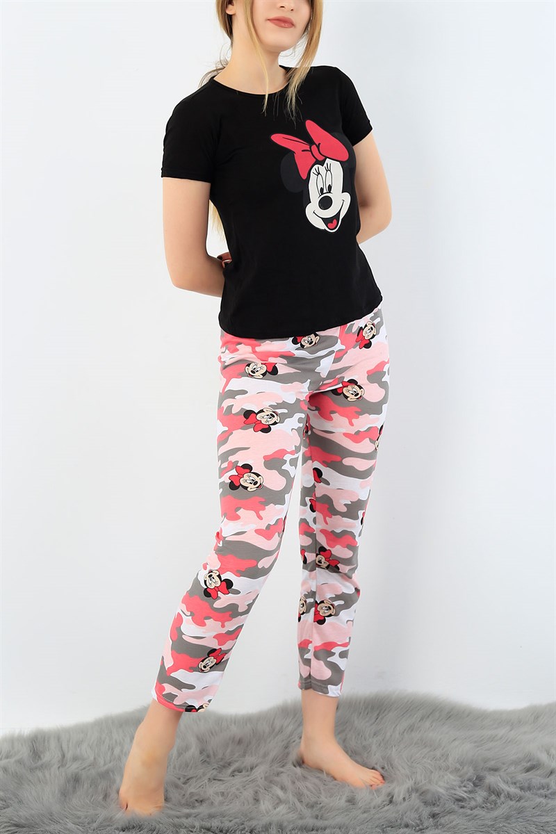 Siyah Mickey Baskılı Bayan Pijama Takımı 33407