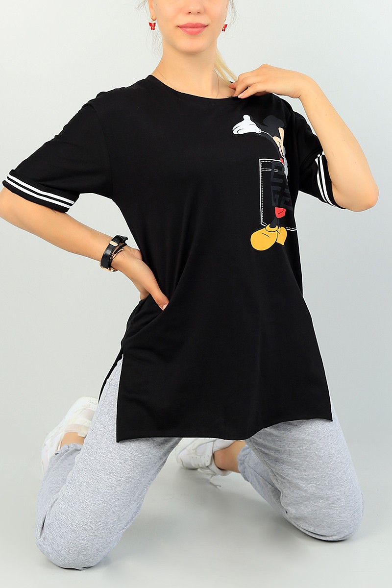 Siyah Mickey Baskılı Bayan Tişört 69958