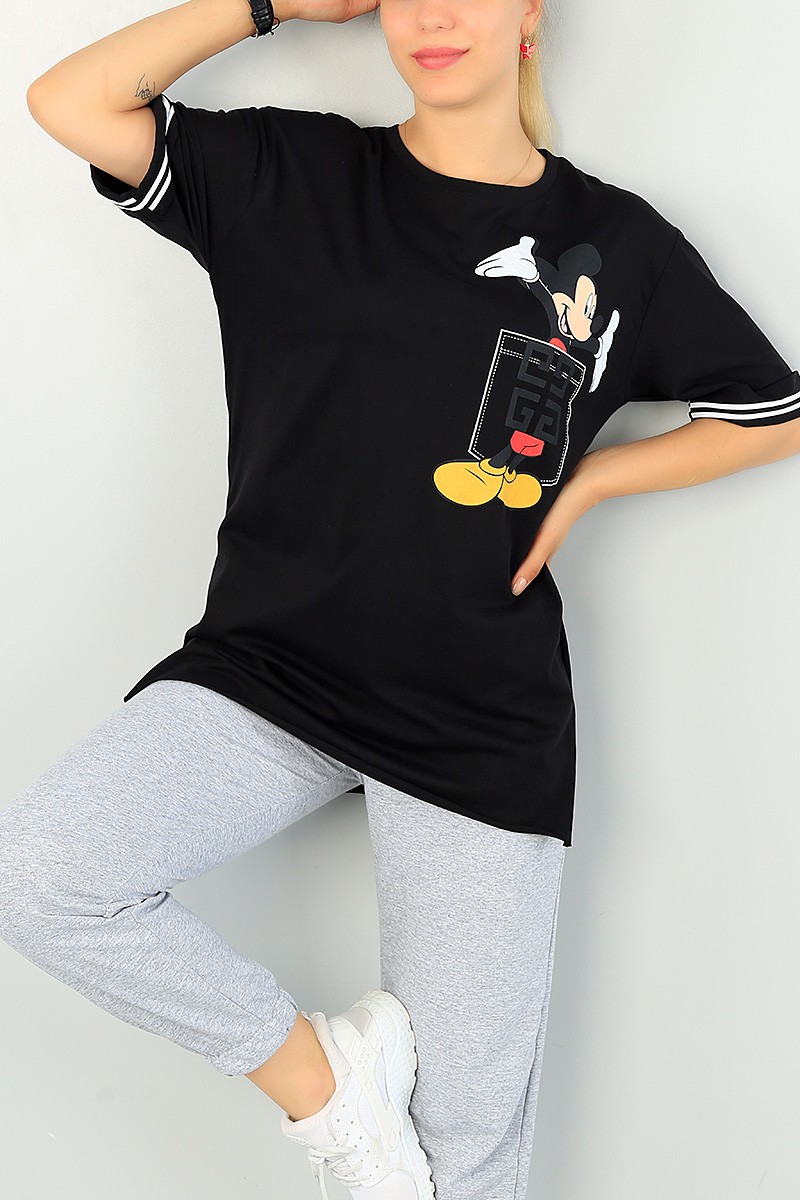 Siyah Mickey Baskılı Bayan Tişört 69958