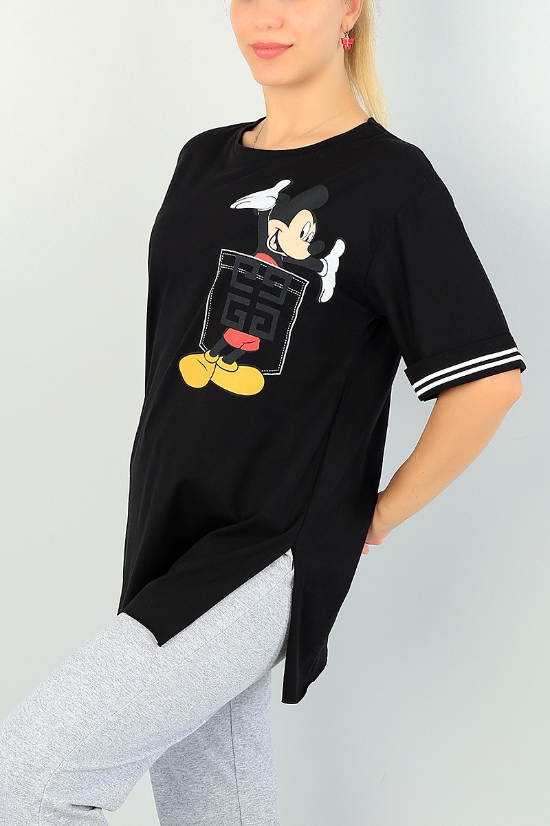 Siyah Mickey Baskılı Bayan Tişört 69958