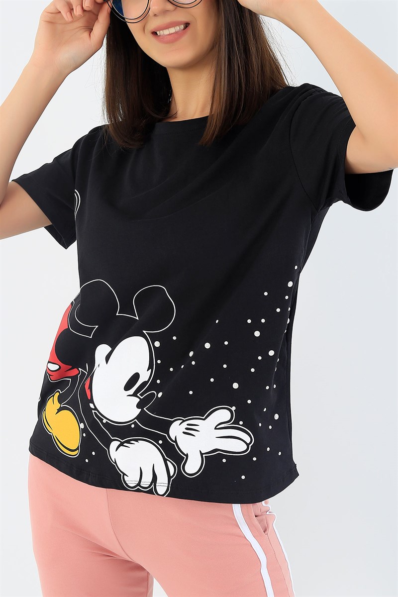 Siyah Mickey Baskılı İşlemeli Bayan Tişört 37274