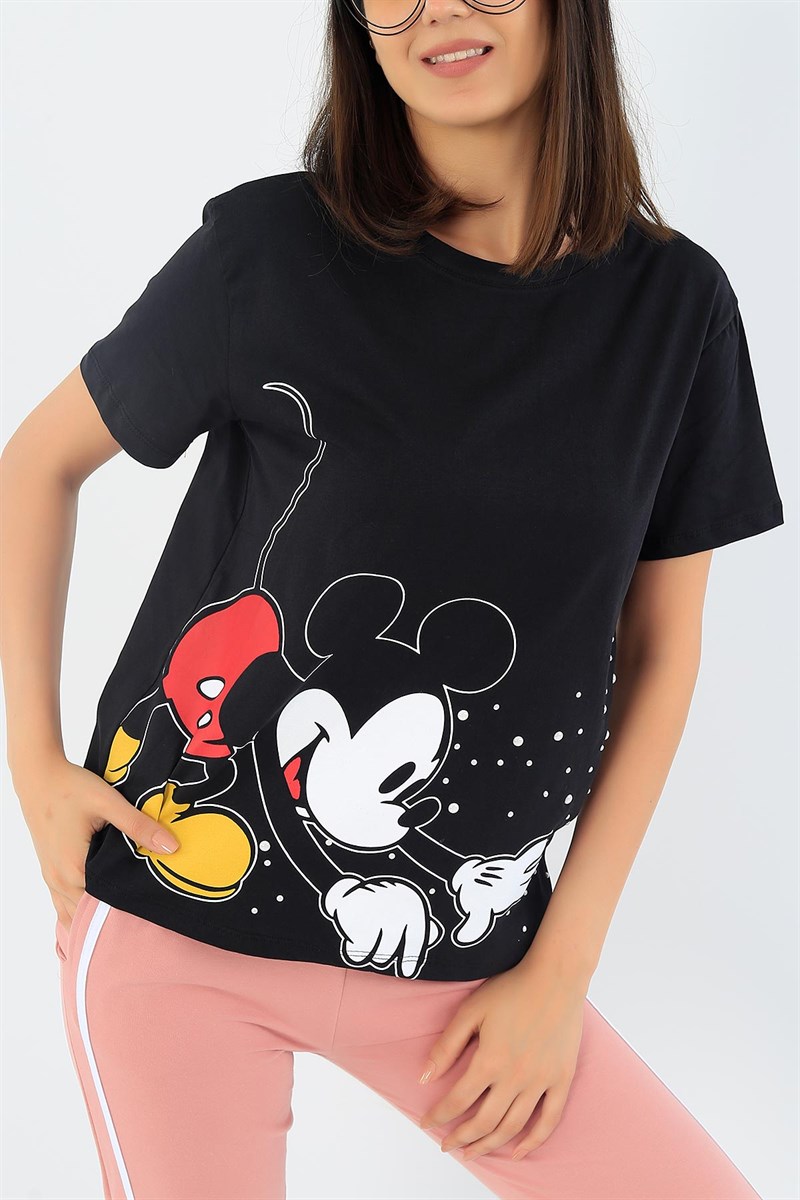 Siyah Mickey Baskılı İşlemeli Bayan Tişört 37274
