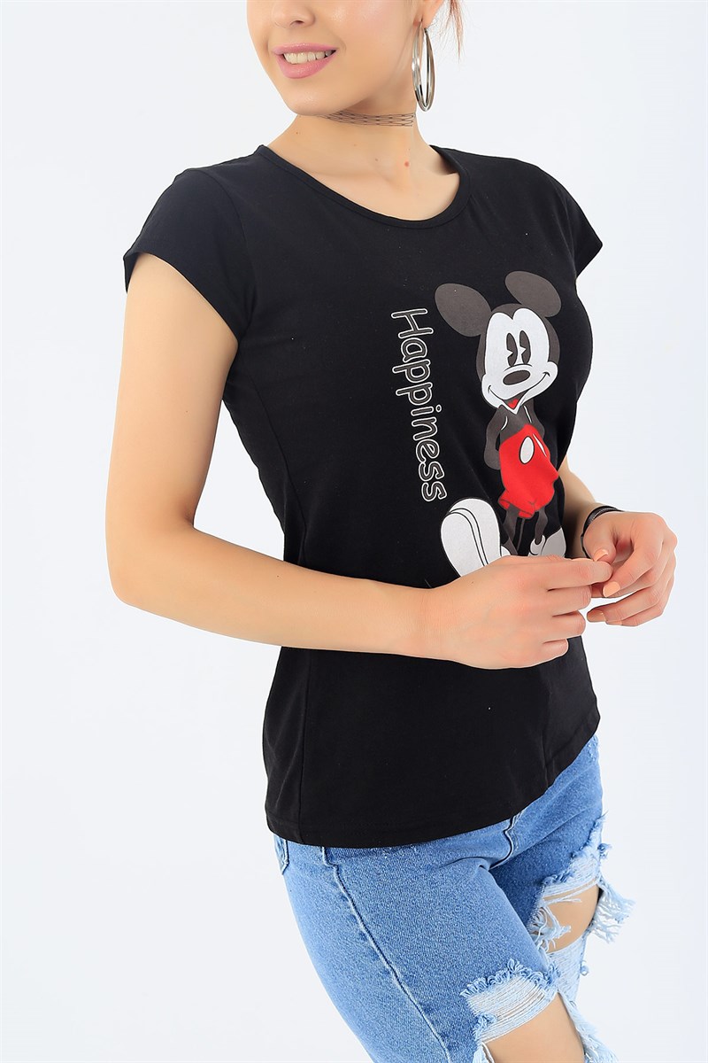 Siyah Mickey Mouse Baskılı Bayan Tişört 32269