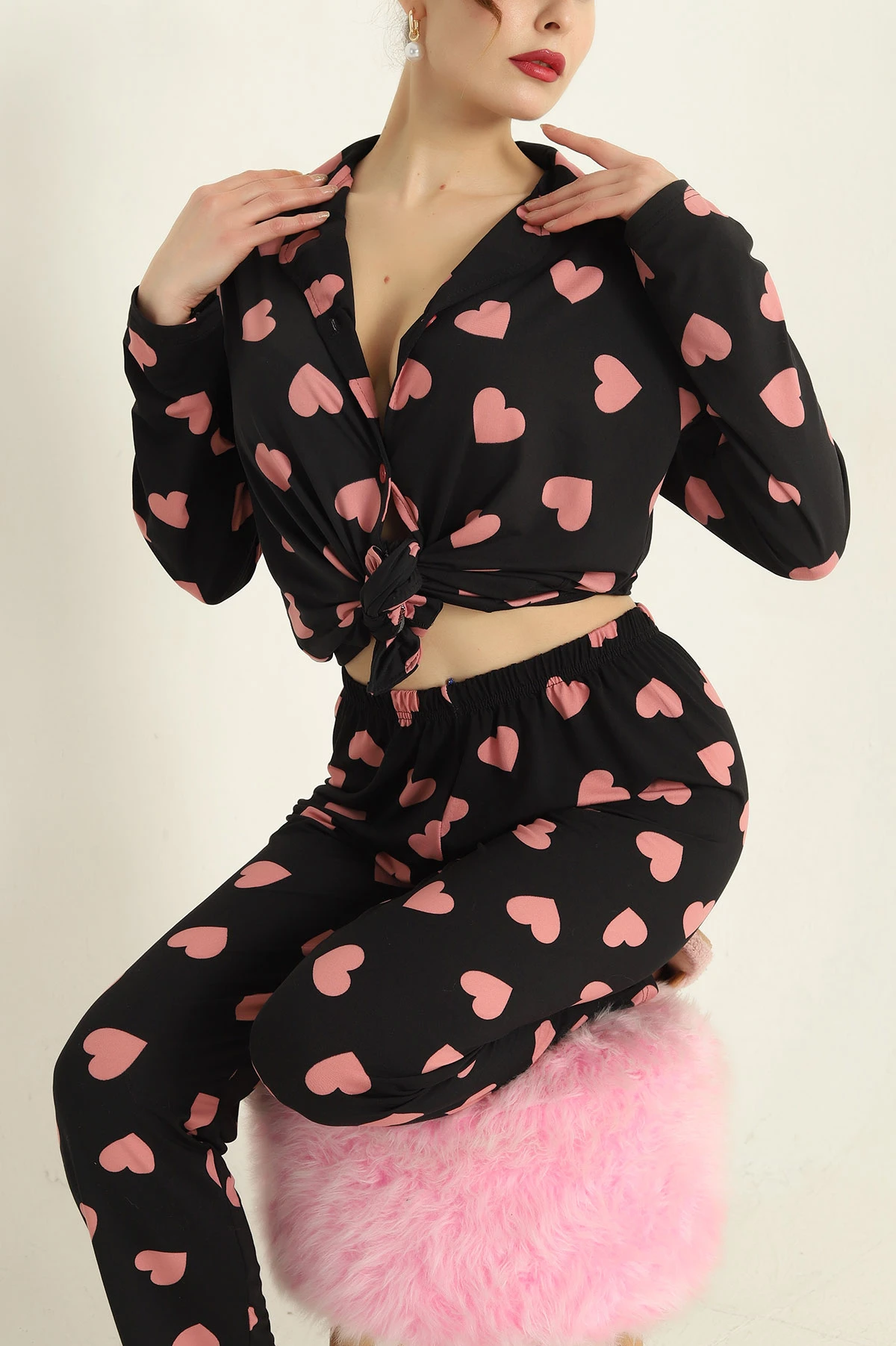 Siyah Milan Düğmeli Bayan Pijama Takımı 329612
