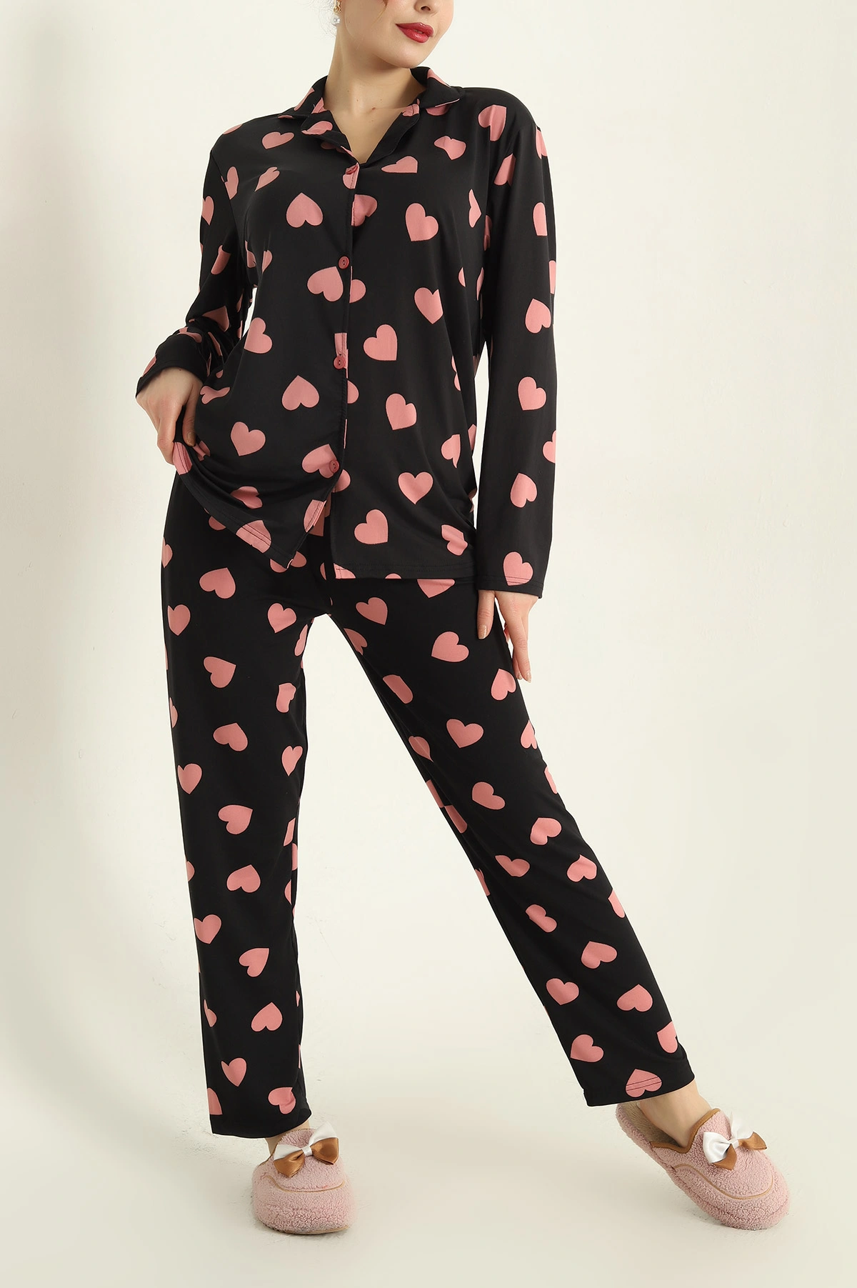 Siyah Milan Düğmeli Bayan Pijama Takımı 329612