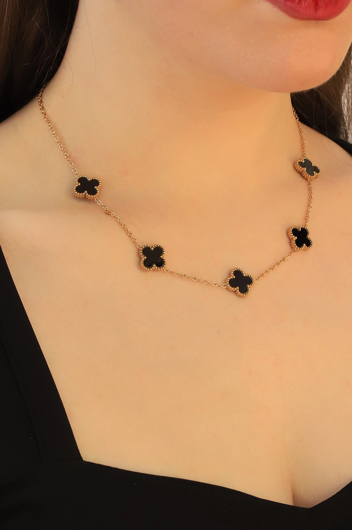 Siyah Mineli Gold Van Cleef Çelik Kolye 415667