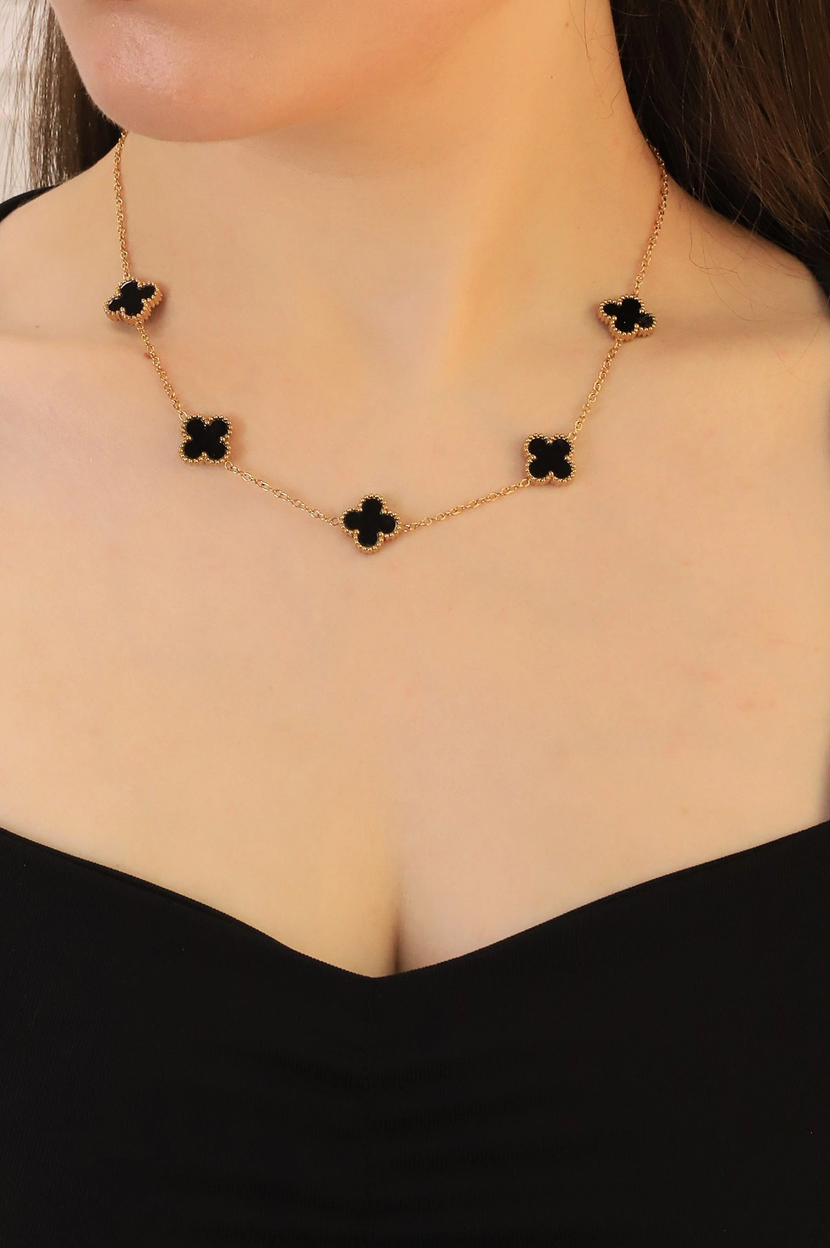 Siyah Mineli Gold Van Cleef Çelik Kolye 415667