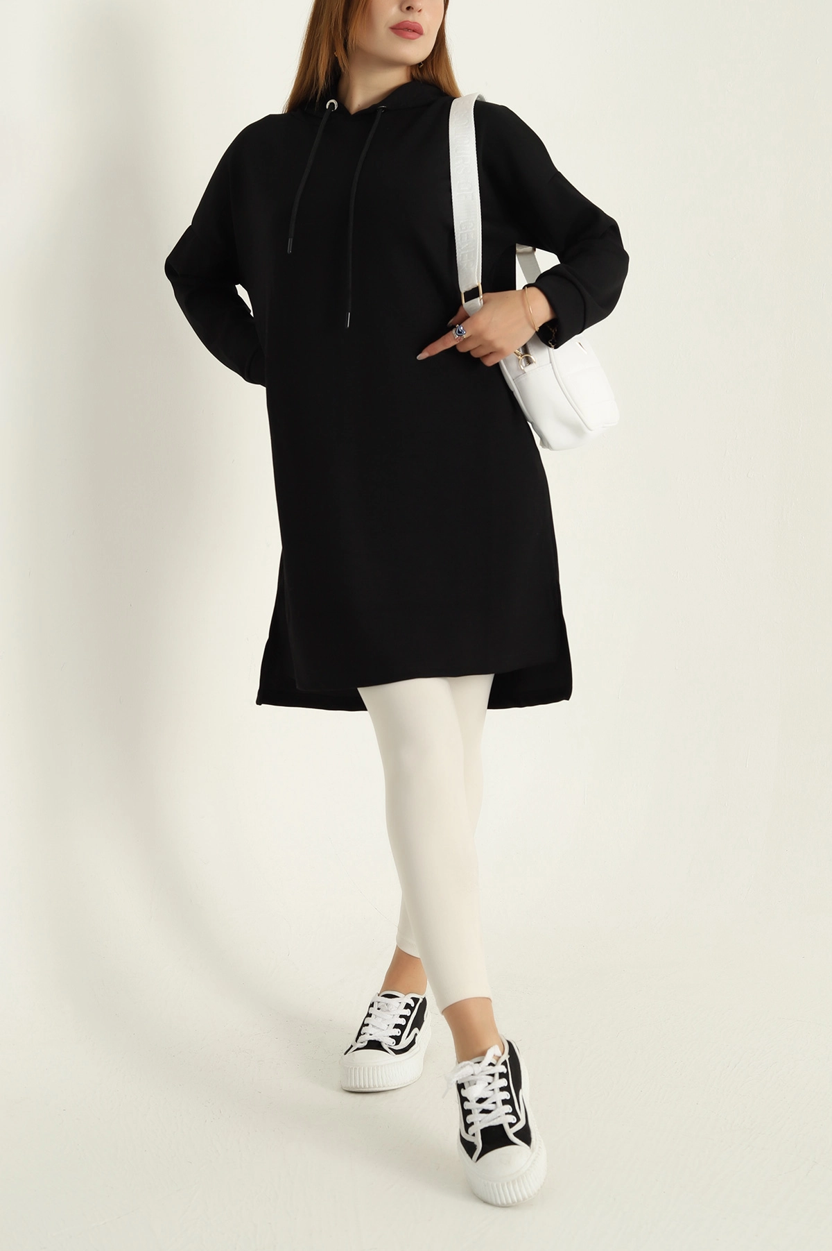 Siyah Modal Kumaş Kapüşonlu Sweat Tunik 297521