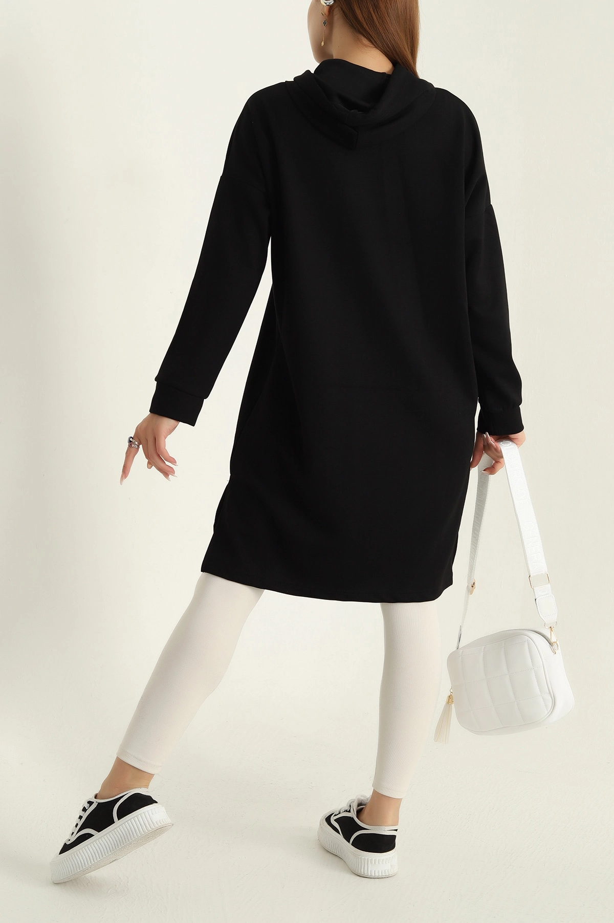 Siyah Modal Kumaş Kapüşonlu Sweat Tunik 297521