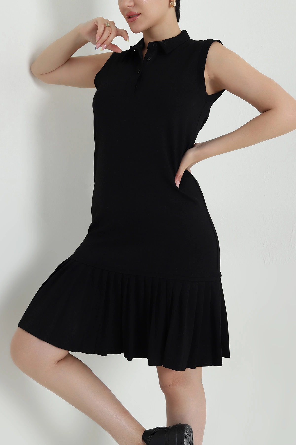 Siyah Modal Piliseli Polo Yaka Kadın Elbise 468207