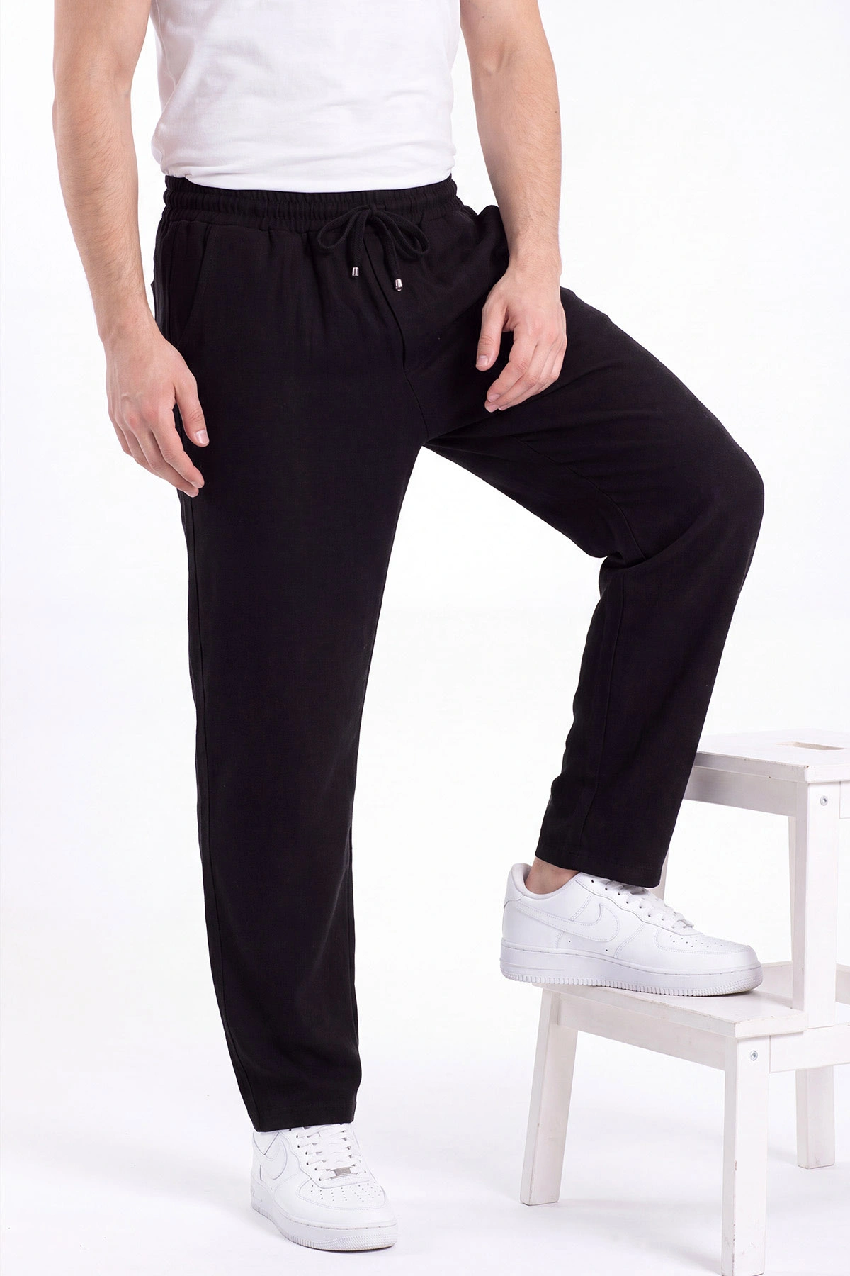 Siyah Müslin Keten Belden Bağlamalı Baggy Erkek Pantolon 473024