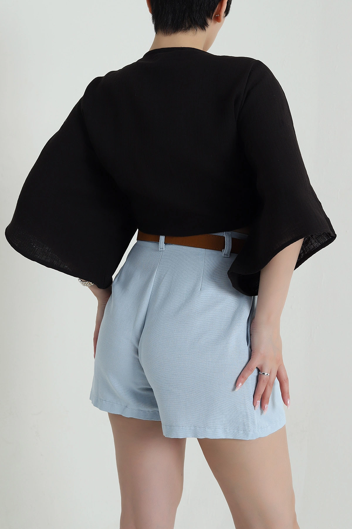 Siyah Müslin Keten Kadın Kimono Bluz 457340