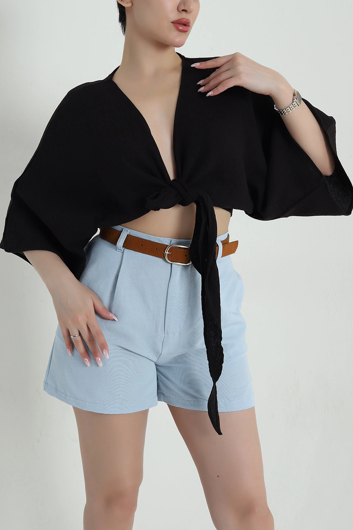 Siyah Müslin Keten Kadın Kimono Bluz 457340