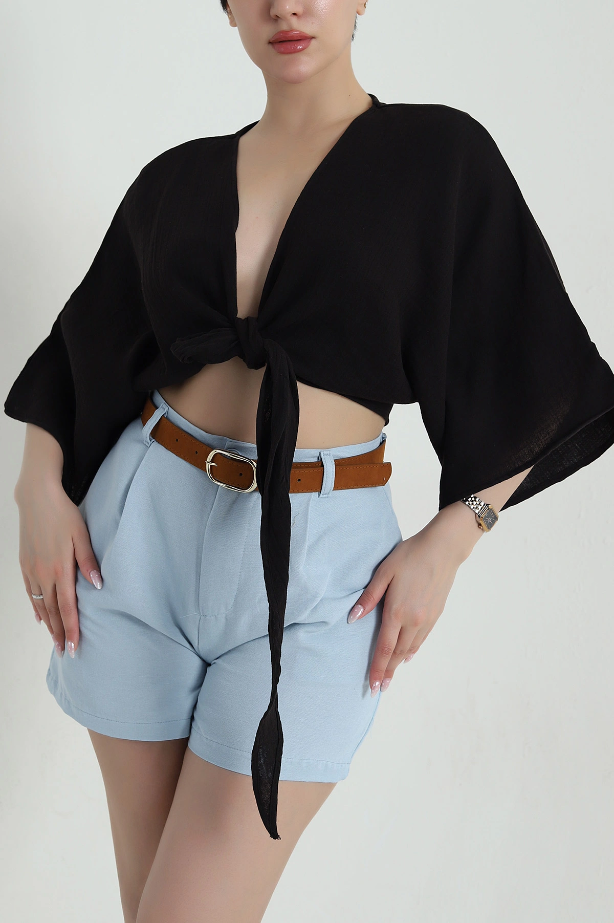 Siyah Müslin Keten Kadın Kimono Bluz 457340