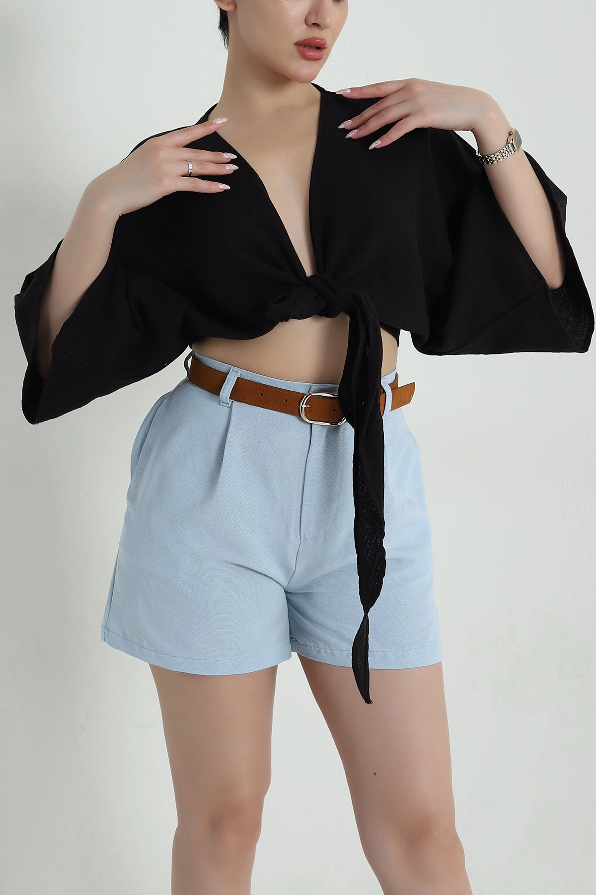 Siyah Müslin Keten Kadın Kimono Bluz 457340