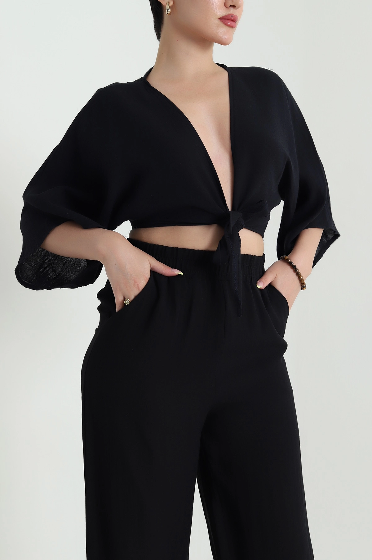 Siyah Müslin Kumaş Bağlamalı Bolero 467481