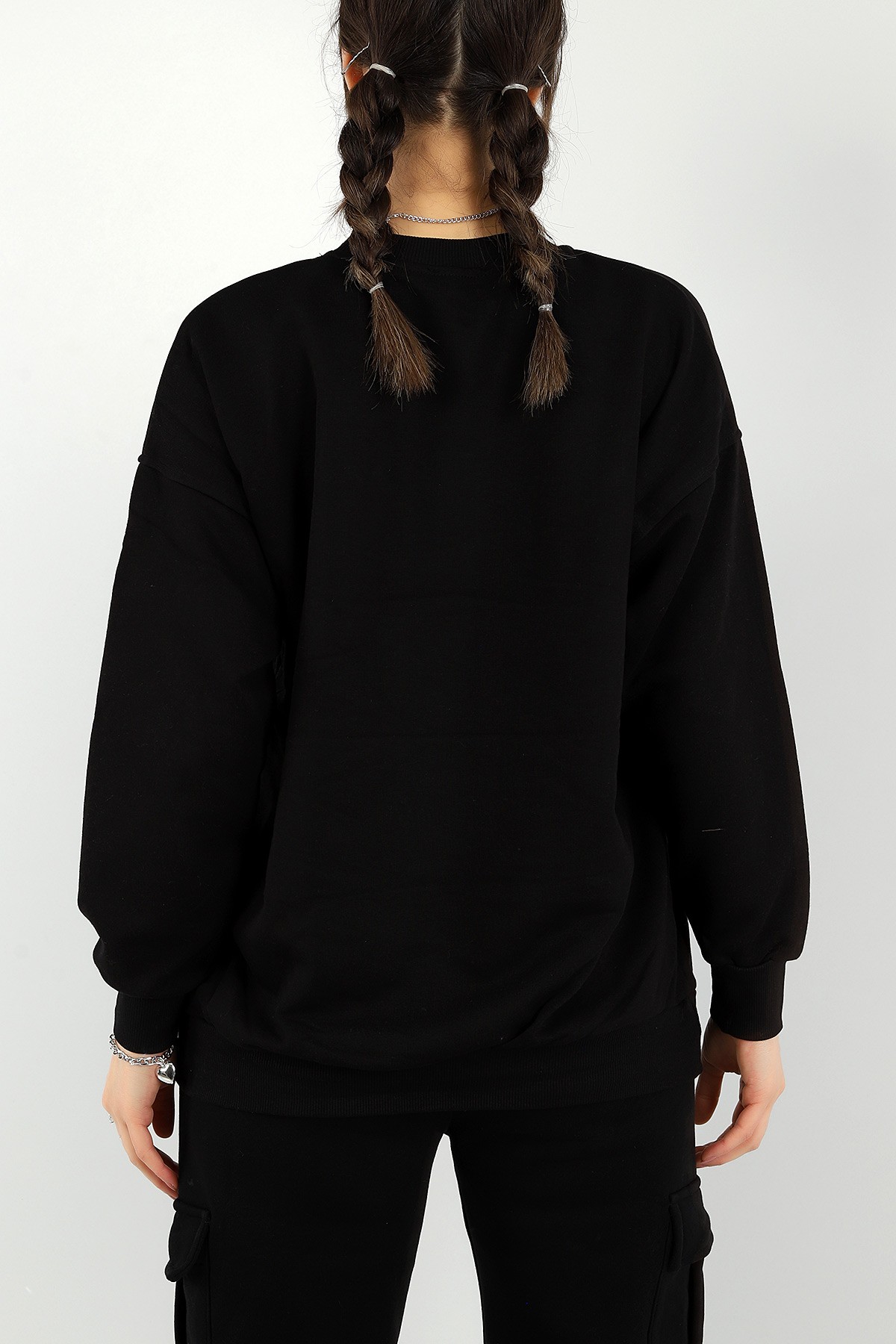 Siyah Nakışlı Bayan Üç İp Sweat 148592