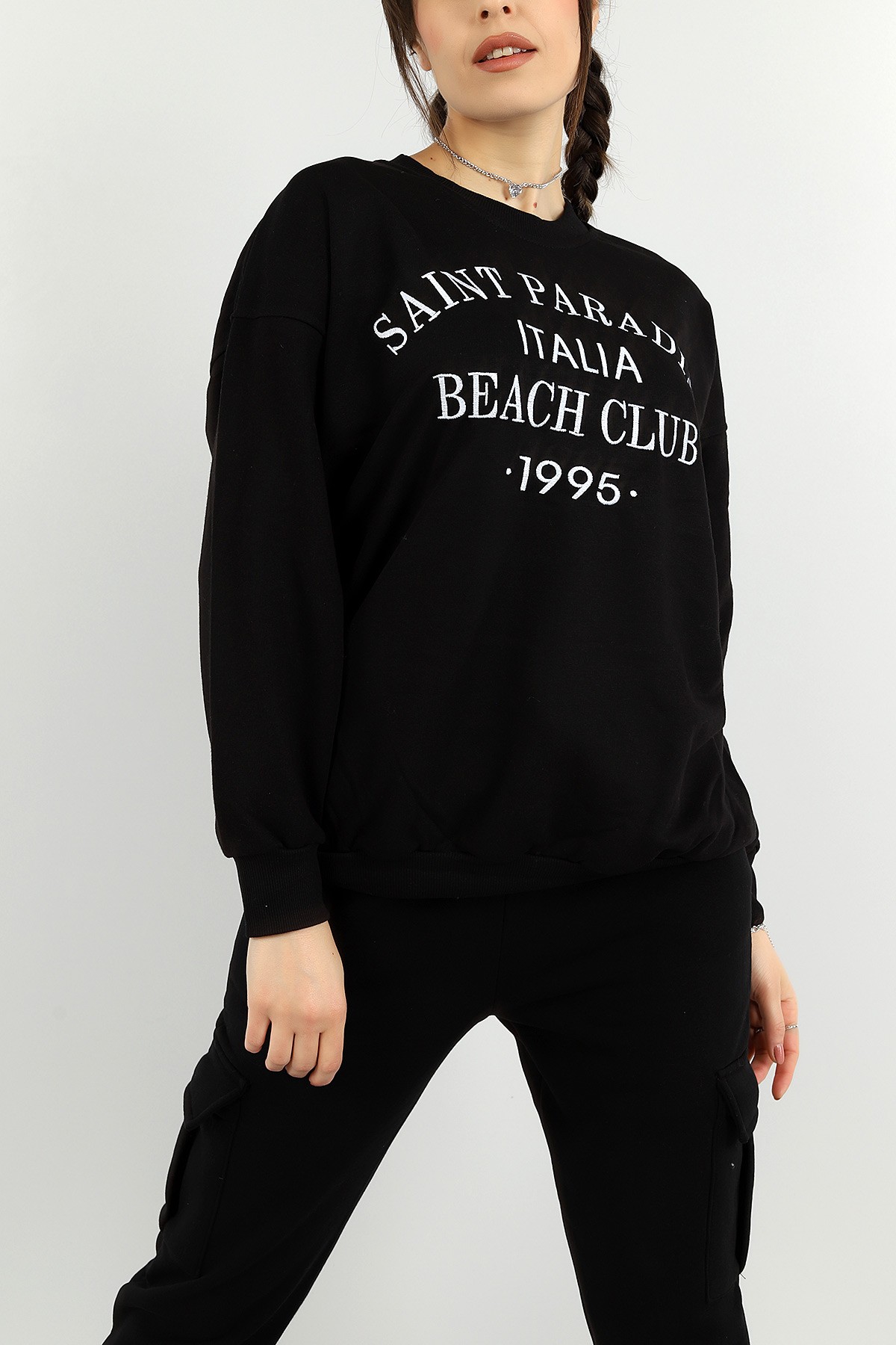 Siyah Nakışlı Bayan Üç İp Sweat 148592