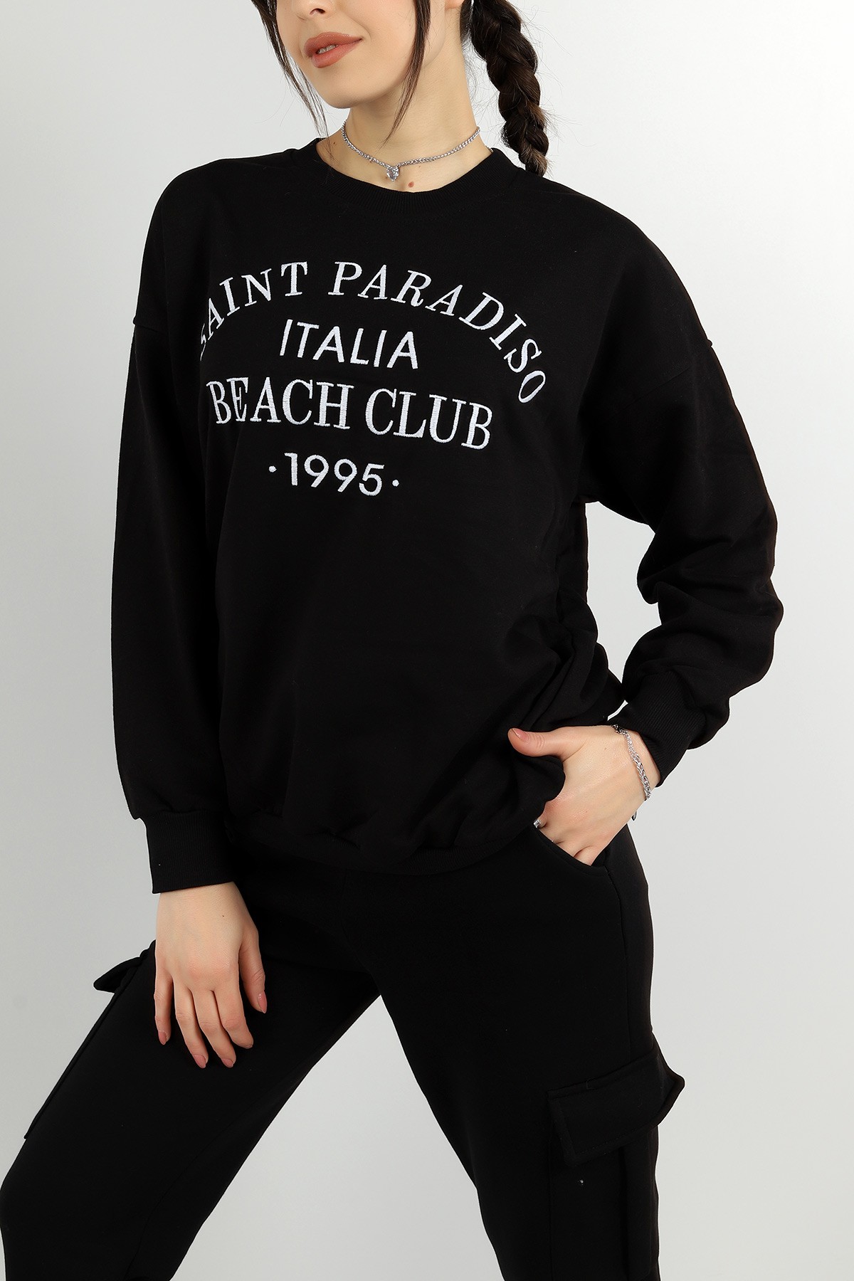 Siyah Nakışlı Bayan Üç İp Sweat 148592