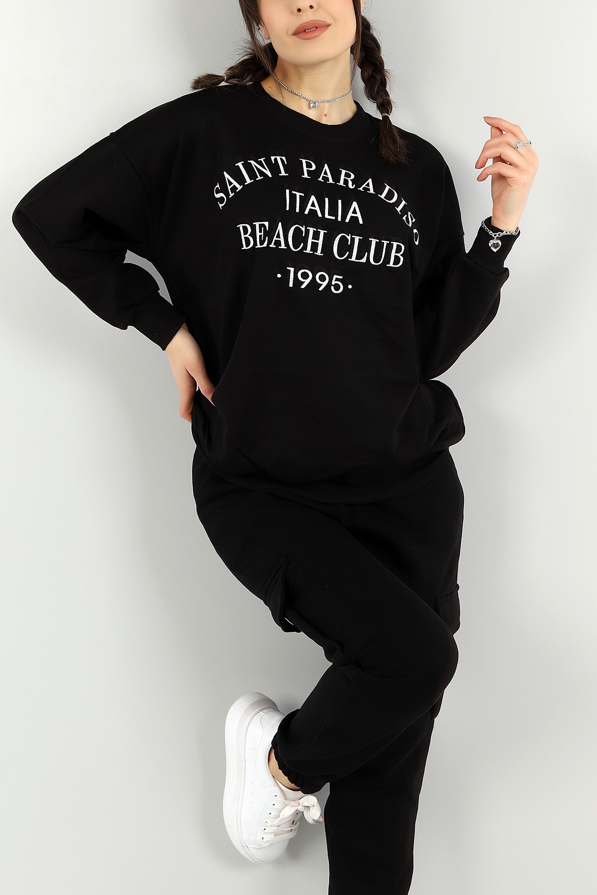 Siyah Nakışlı Bayan Üç İp Sweat 148592