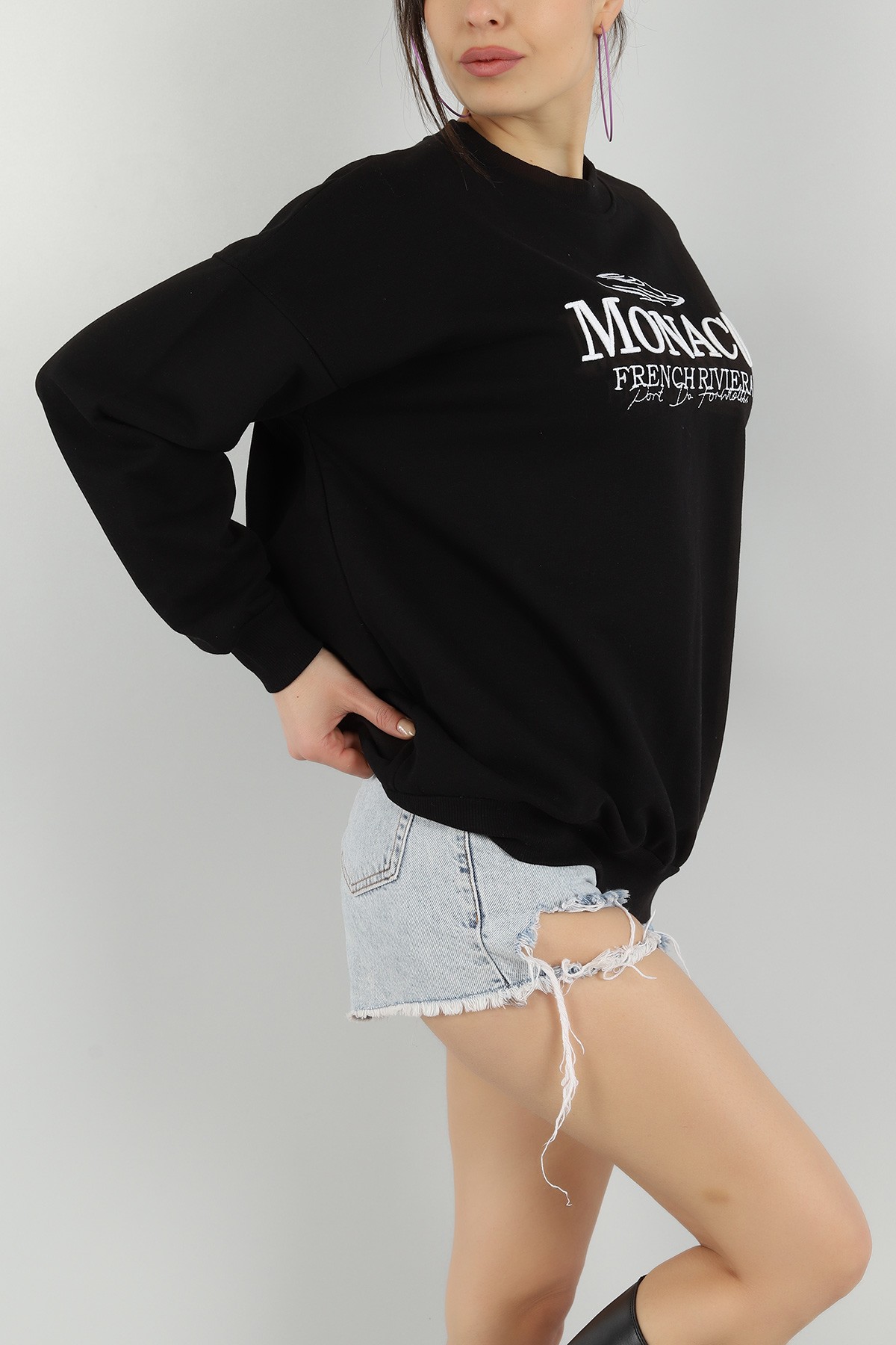 Siyah Nakışlı Bayan Üç İp Sweat 149567