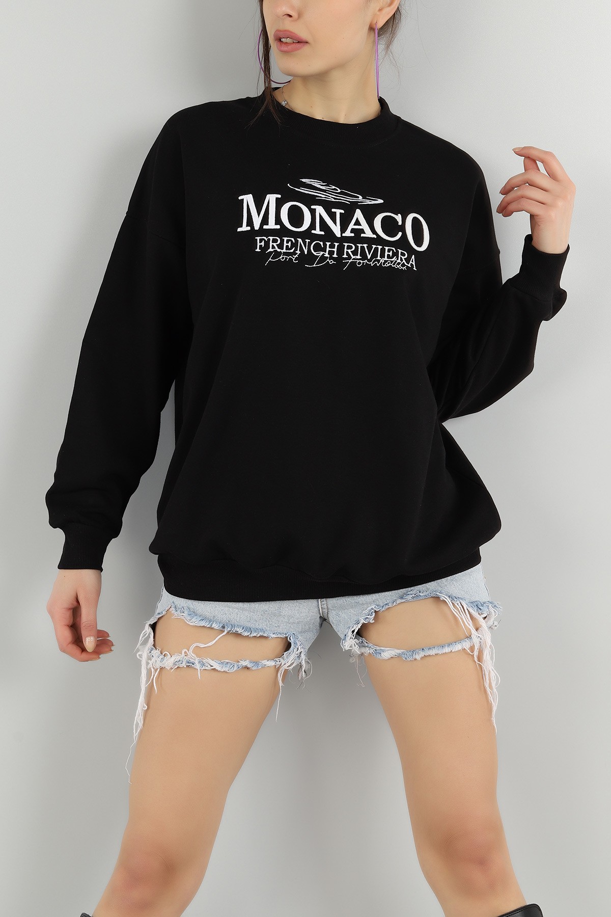 Siyah Nakışlı Bayan Üç İp Sweat 149567