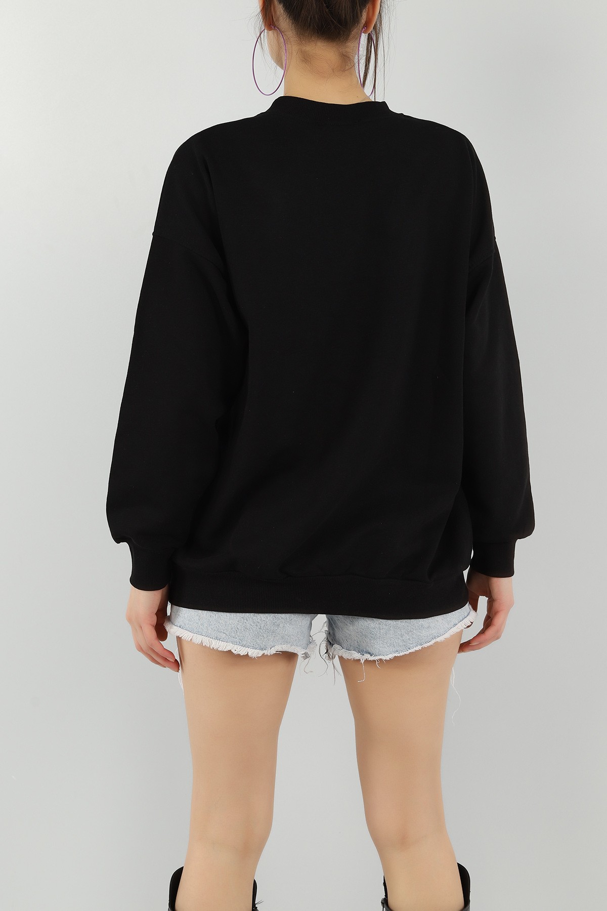 Siyah Nakışlı Bayan Üç İp Sweat 149567