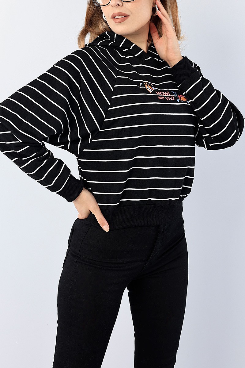 Siyah Nakışlı Çizgili Bayan Sweat 75556