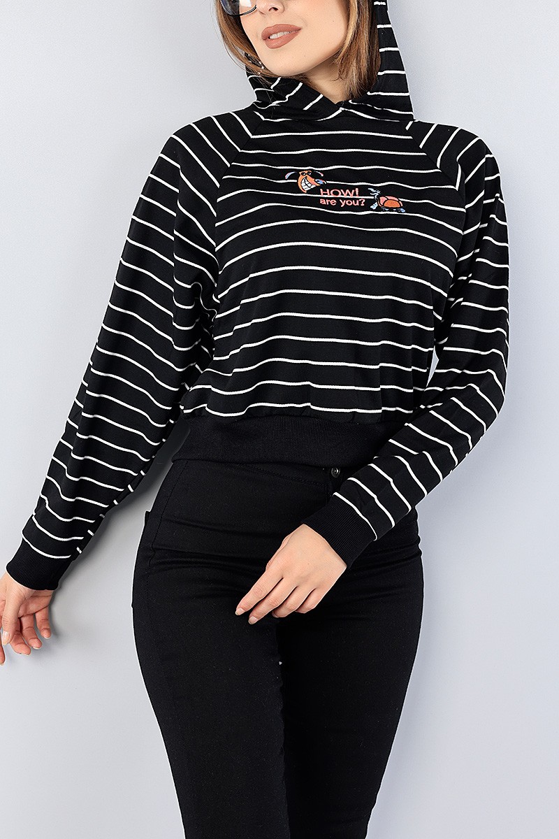 Siyah Nakışlı Çizgili Bayan Sweat 75556