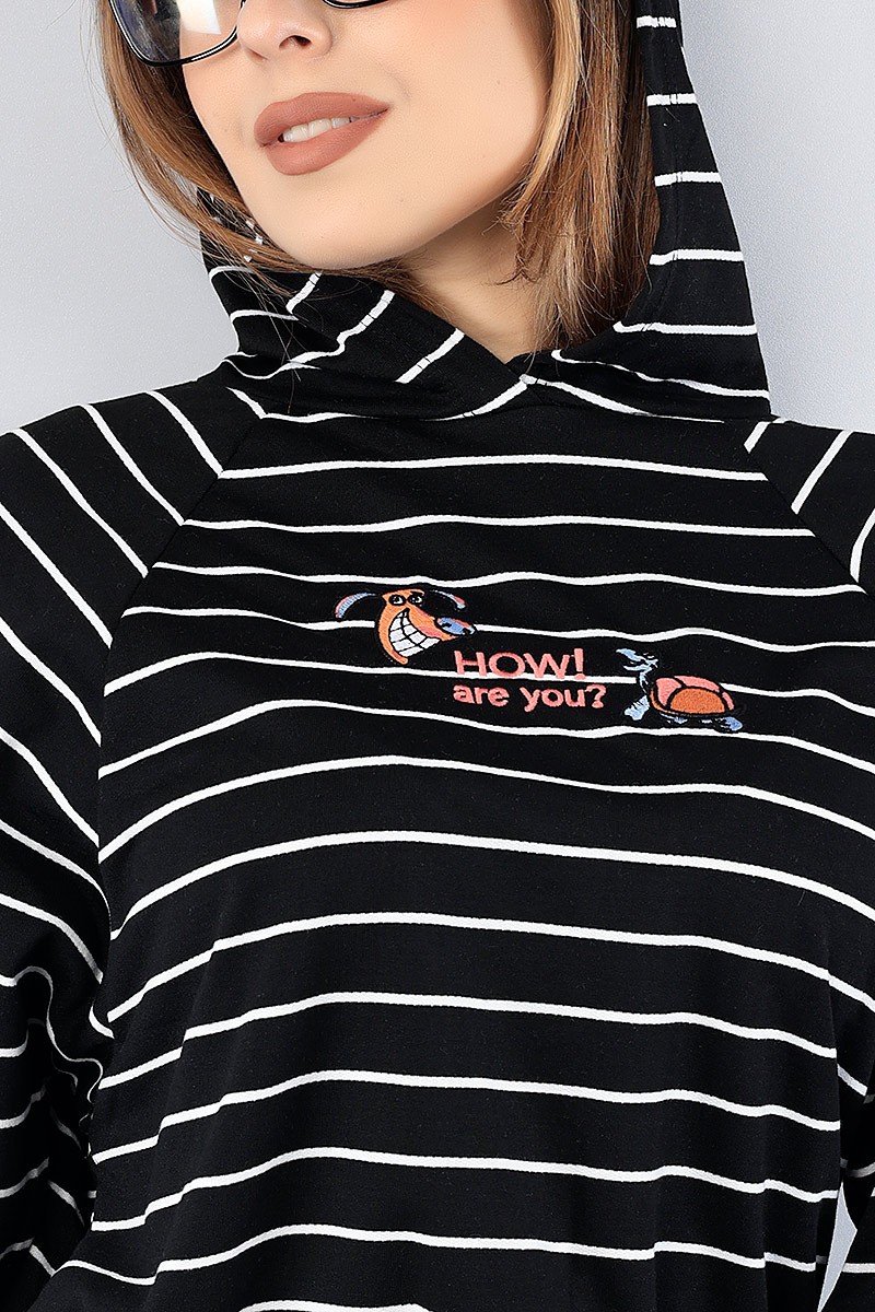 Siyah Nakışlı Çizgili Bayan Sweat 75556
