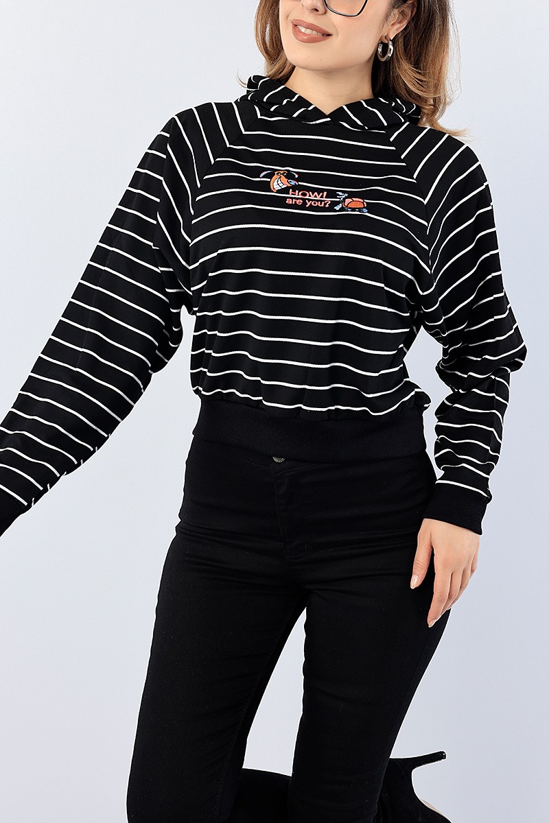 Siyah Nakışlı Çizgili Bayan Sweat 75556